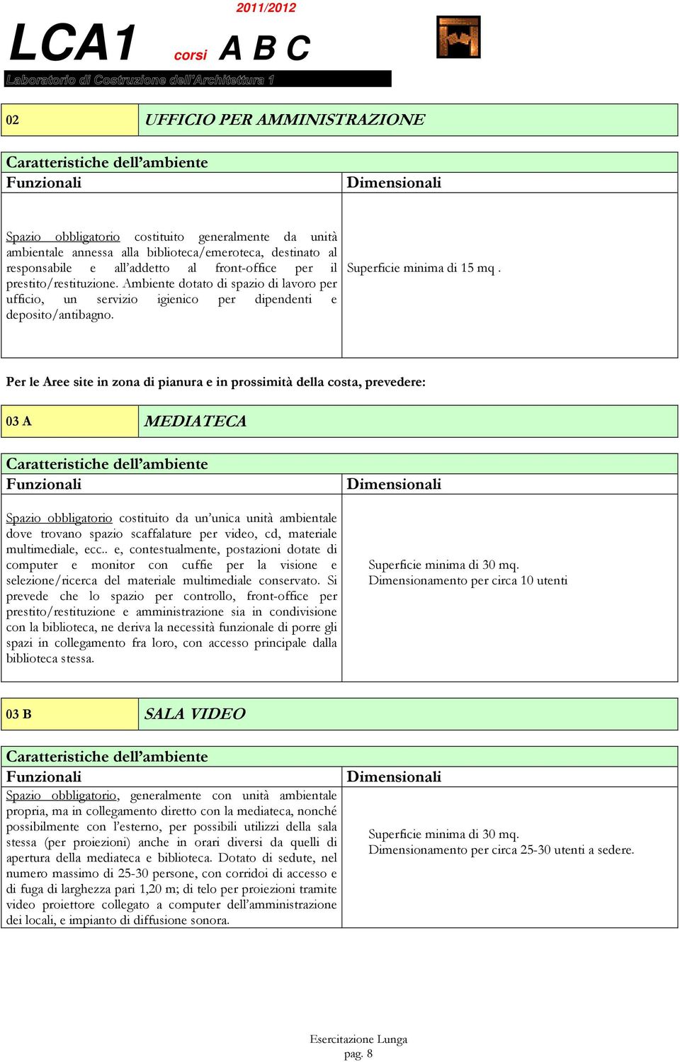 Per le Aree site in zona di pianura e in prossimità della costa, prevedere: 03 A MEDIATECA Spazio obbligatorio costituito da un unica unità ambientale dove trovano spazio scaffalature per video, cd,