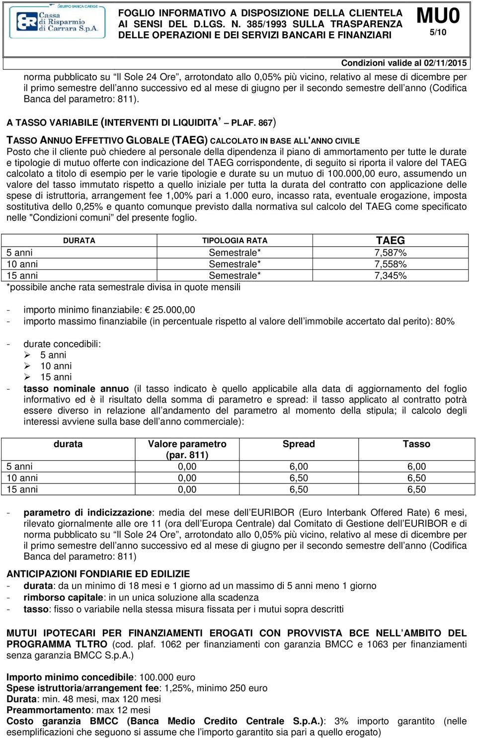 867) TASSO ANNUO EFFETTIVO GLOBALE (TAEG) CALCOLATO IN BASE ALL'ANNO CIVILE Posto che il cliente può chiedere al personale della dipendenza il piano di ammortamento per tutte le durate e tipologie di