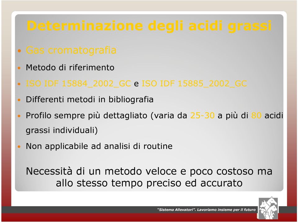 dettagliato (varia da 25-30 a più di 80 acidi grassi individuali) Non applicabile ad