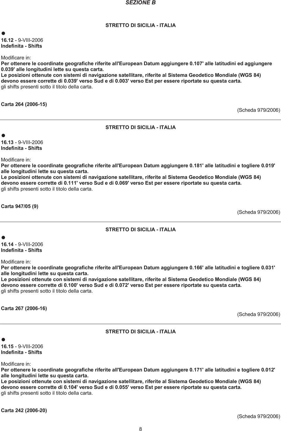 039' verso Sud e di 0.003' verso Est per essere riportate su questa carta. gli shifts presenti sotto il titolo della carta. Carta 264 (2006-15) 16.