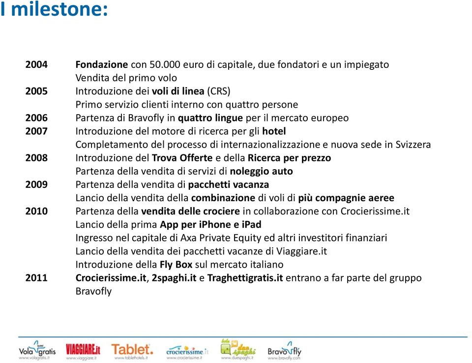 quattro lingue per il mercato europeo 2007 Introduzione del motore di ricerca per gli hotel Completamento del processo di internazionalizzazione e nuova sede in Svizzera 2008 Introduzione del Trova