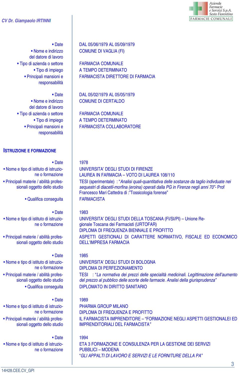 quali-quantitativa delle sostanze da taglio indivduate nei Francesco Mari Cattedra di : Tossicologia forense Qualifica conseguita FARMACISTA Date 1983 UNIVERSITA DEGLI STUDI DELLA TOSCANA (FI/SI/PI)