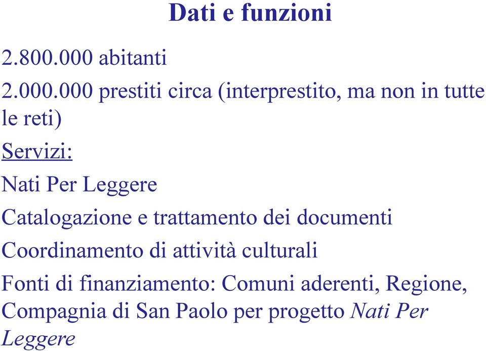 000 prestiti circa (interprestito, ma non in tutte le reti) Servizi: Nati