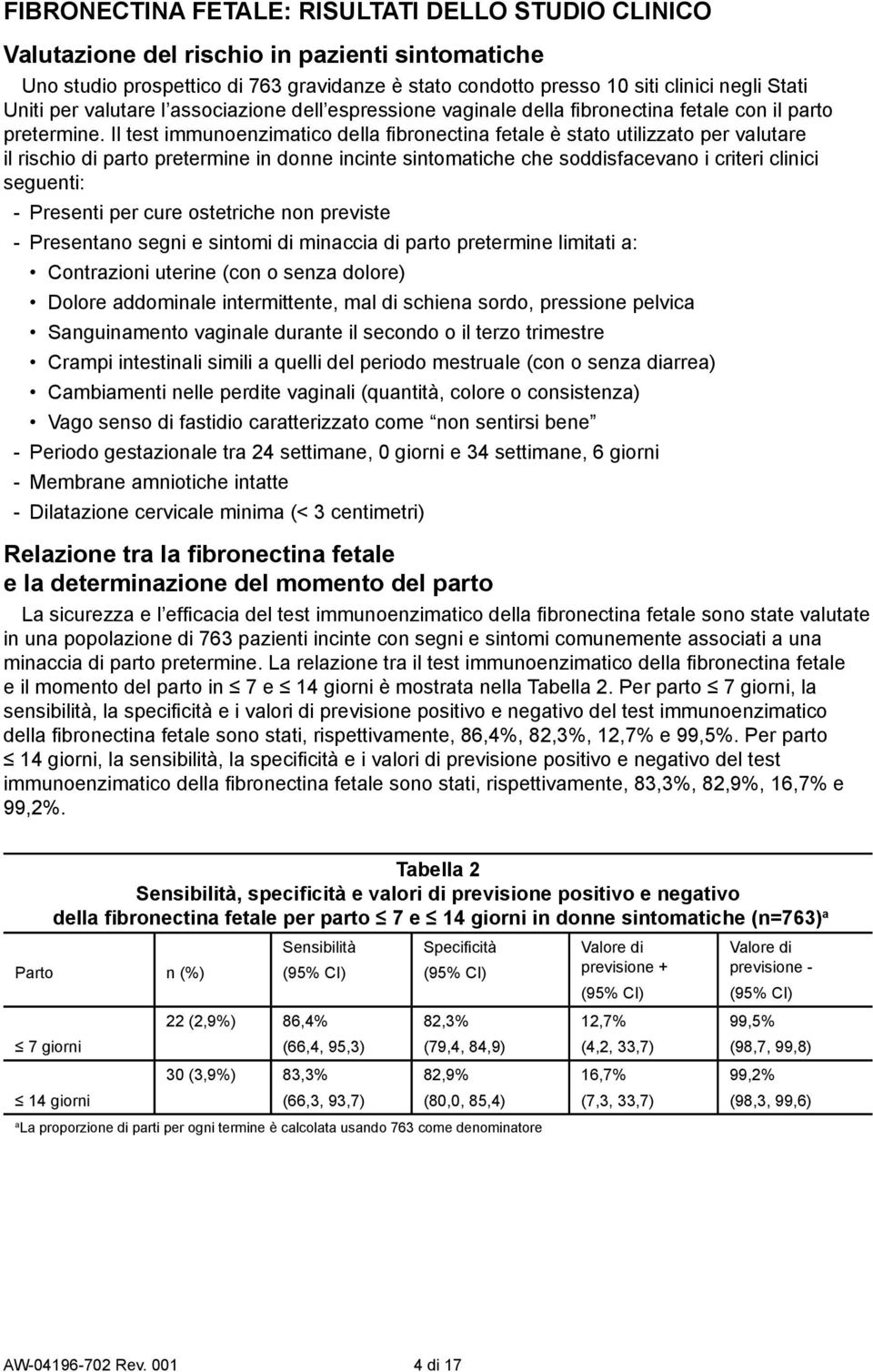 Il test immunoenzimtico dell fi ronectin fetle è stto utilizzto per vlutre il rischio di prto pretermine in donne incinte sintomtiche che soddisfcevno i criteri clinici seguenti: - Presenti per cure