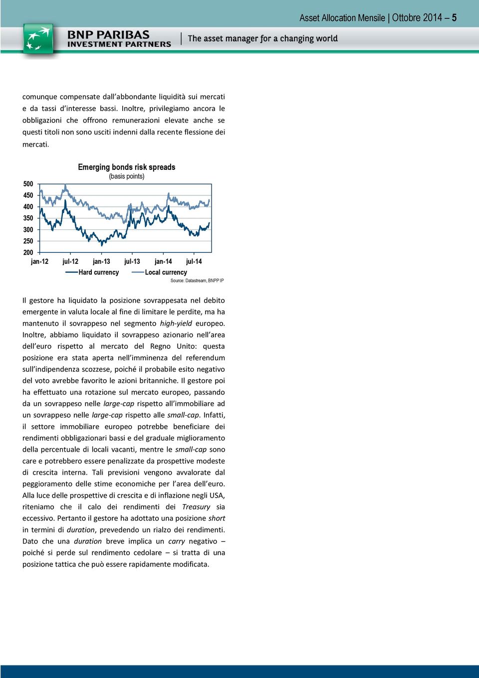 500 450 400 350 300 250 Emerging bonds risk spreads (basis points) 200 jan-12 jul-12 jan-13 jul-13 jan-14 jul-14 Hard currency Local currency Source: Datastream, BNPP IP Il gestore ha liquidato la