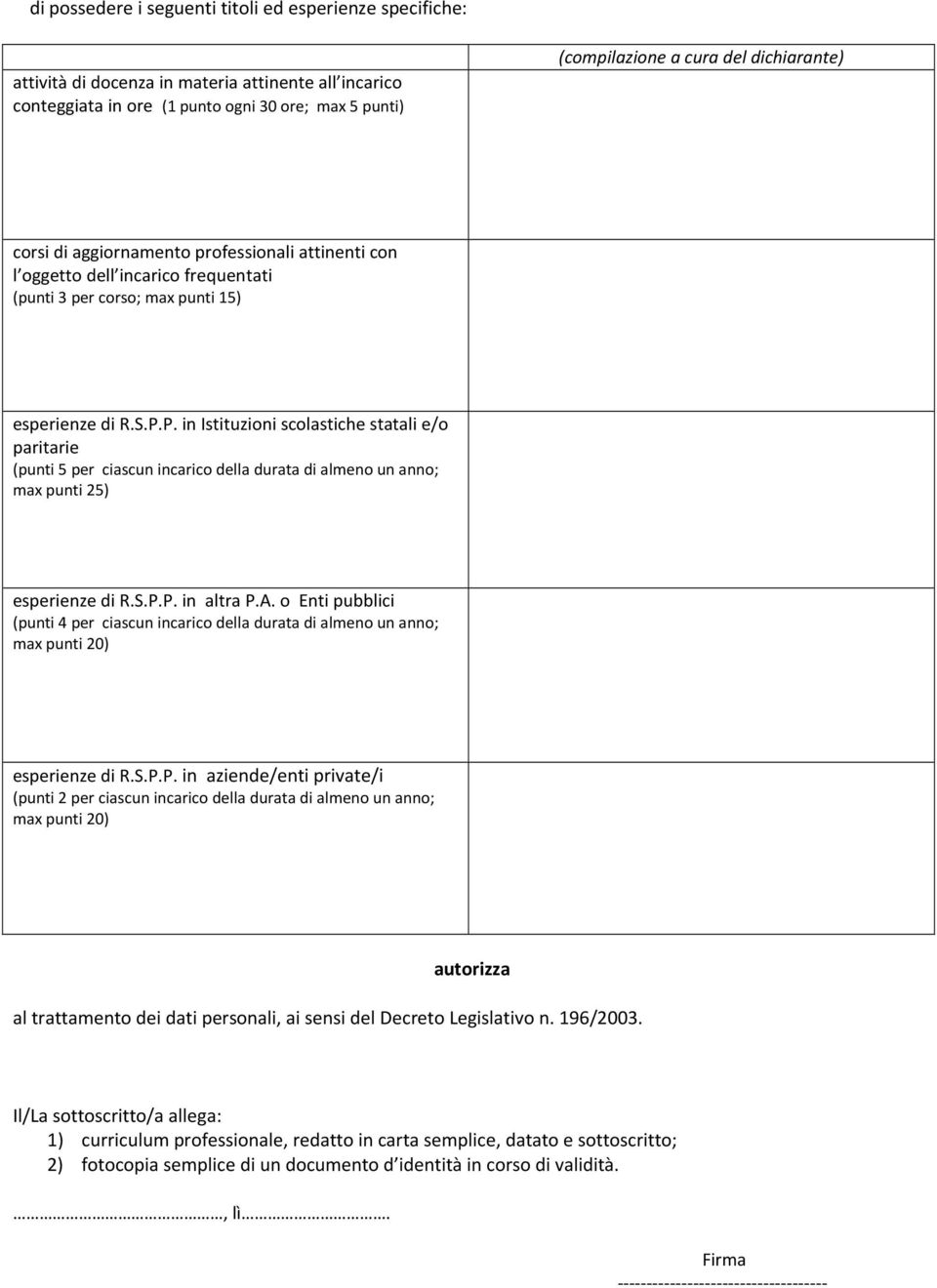 P. in Istituzioni scolastiche statali e/o paritarie (punti 5 per ciascun incarico della durata di almeno un anno; max punti 25) esperienze di R.S.P.P. in altra P.A.