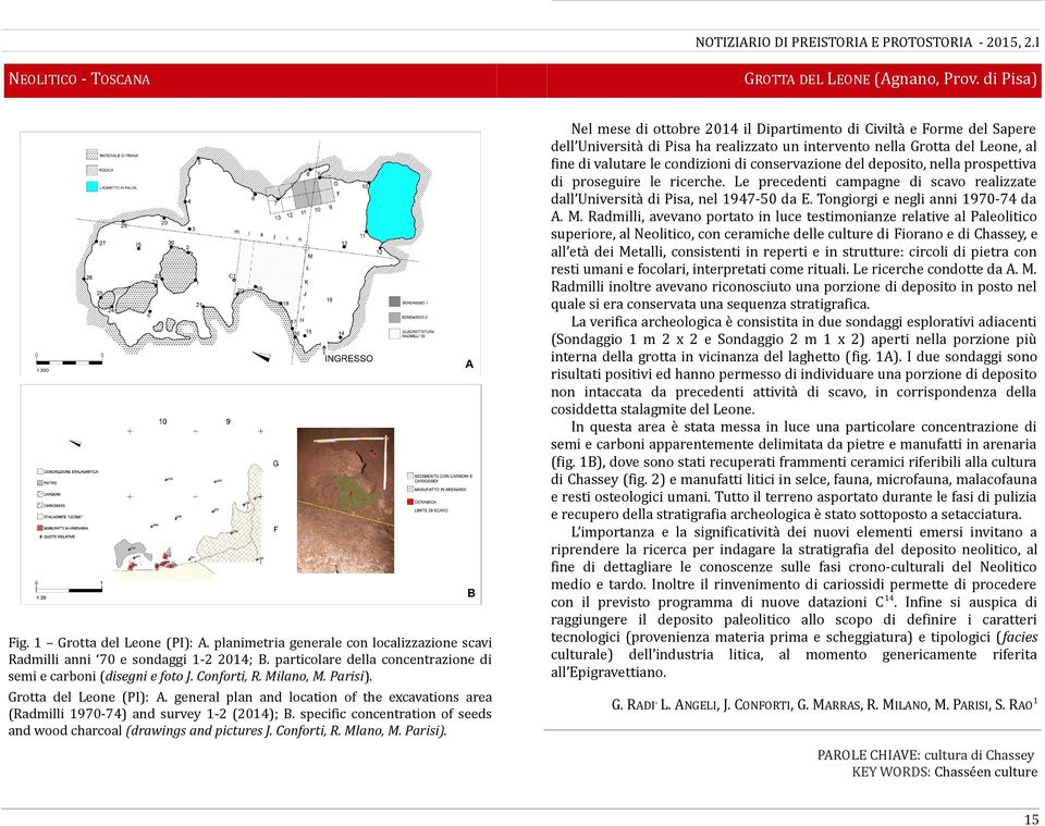 general plan and location of the excavations area (Radmilli 1970-74) and survey 1-2 (2014); B. specific concentration of seeds and wood charcoal (drawings and pictures J. Conforti, R. Mlano, M.