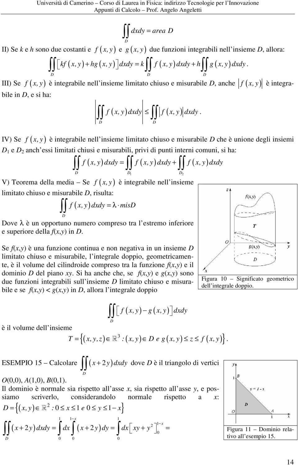 IV) Se f (, ) è integrile nell insieme limitto chiuso e misurile che è unione degli insiemi e nch essi limitti chiusi e misurili, privi di punti interni comuni, si h: f (, ) dd = f (, ) dd + f (, )