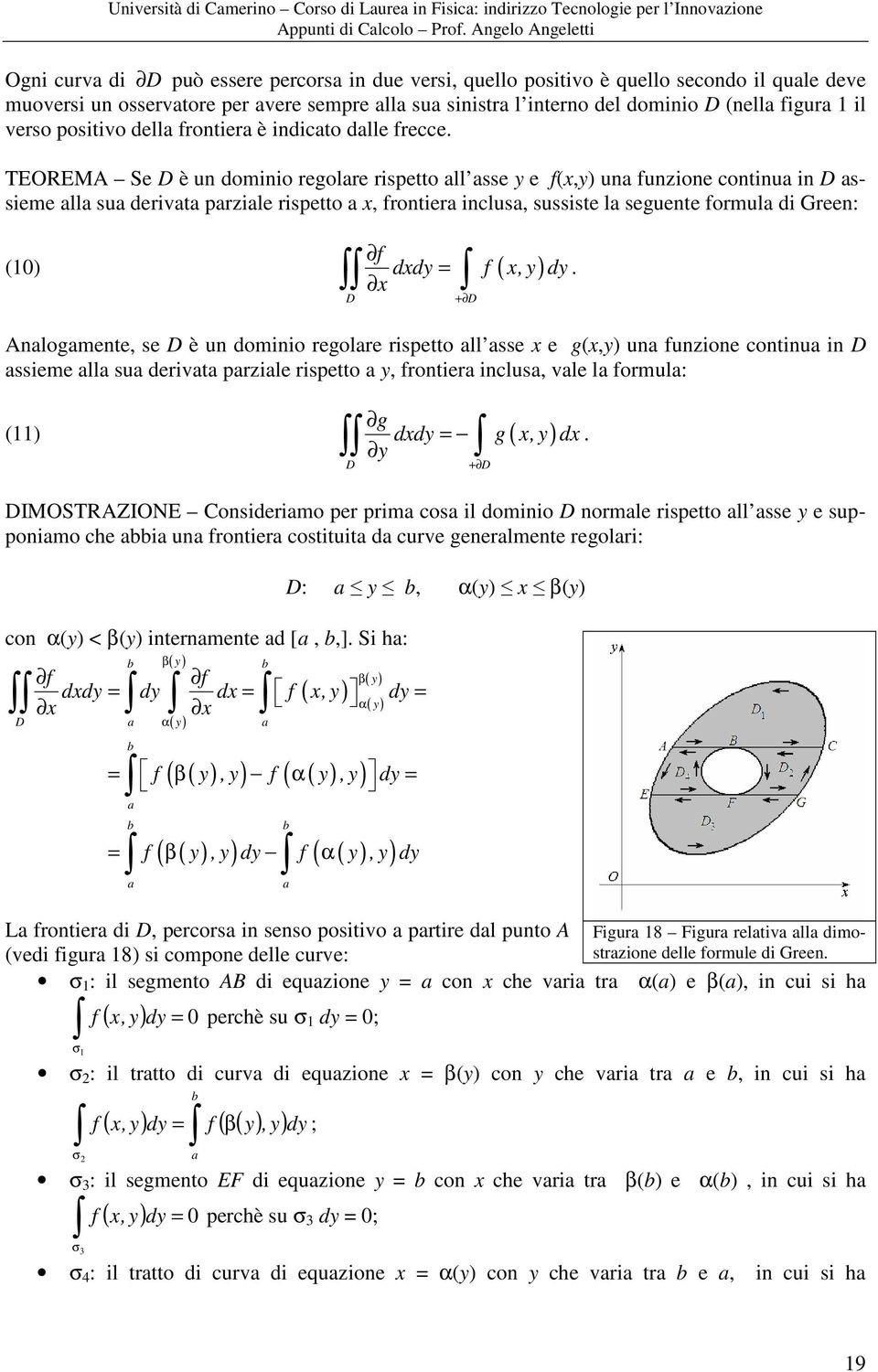 TEOREMA Se è un dominio regolre rispetto ll sse e f(,) un funzione continu in ssieme ll su derivt przile rispetto, frontier inclus, sussiste l seguente formul di Green:.