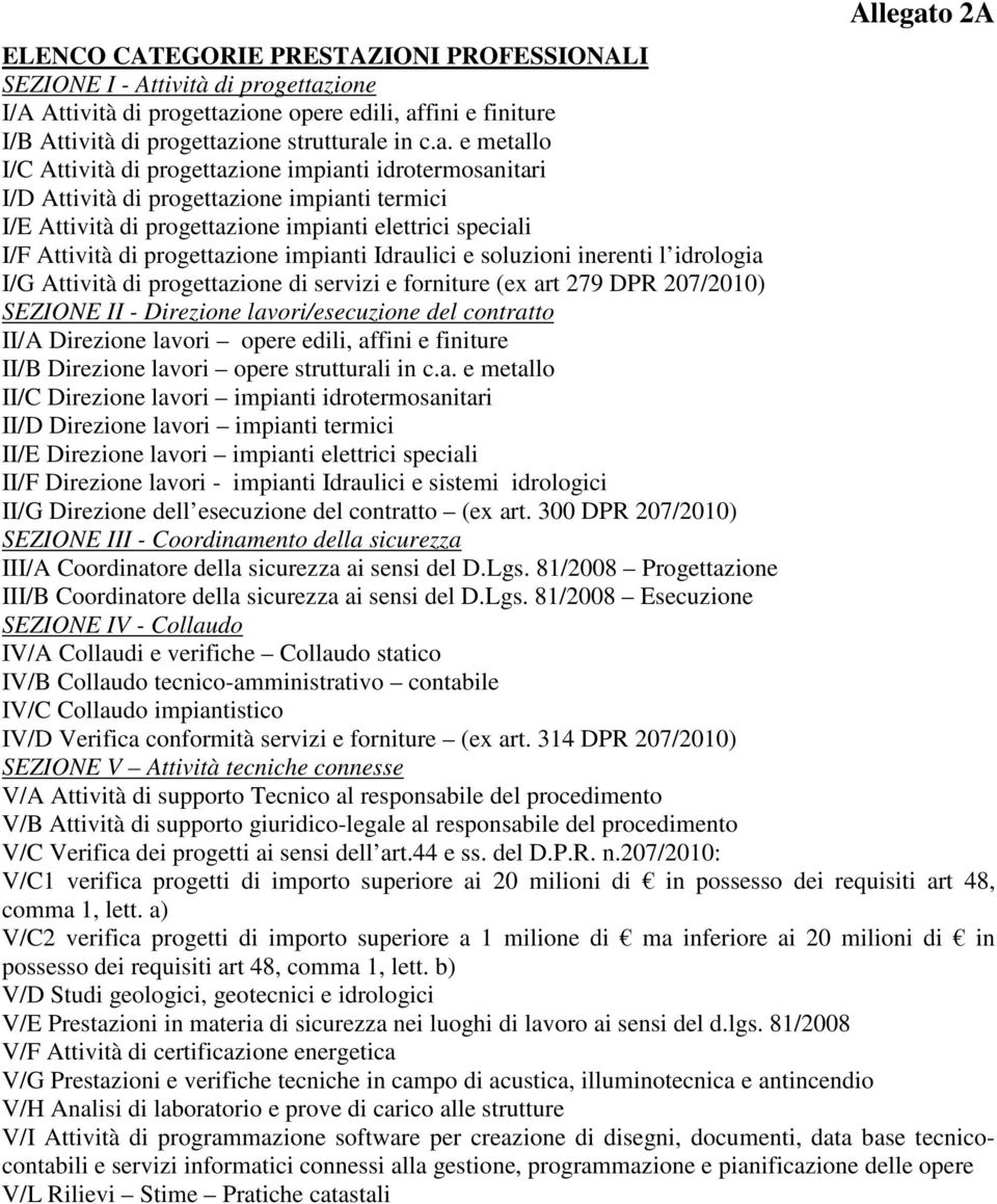 progettazione impianti Idraulici e soluzioni inerenti l idrologia I/G Attività di progettazione di servizi e forniture (ex art 279 DPR 207/2010) SEZIONE II - Direzione lavori/esecuzione del contratto