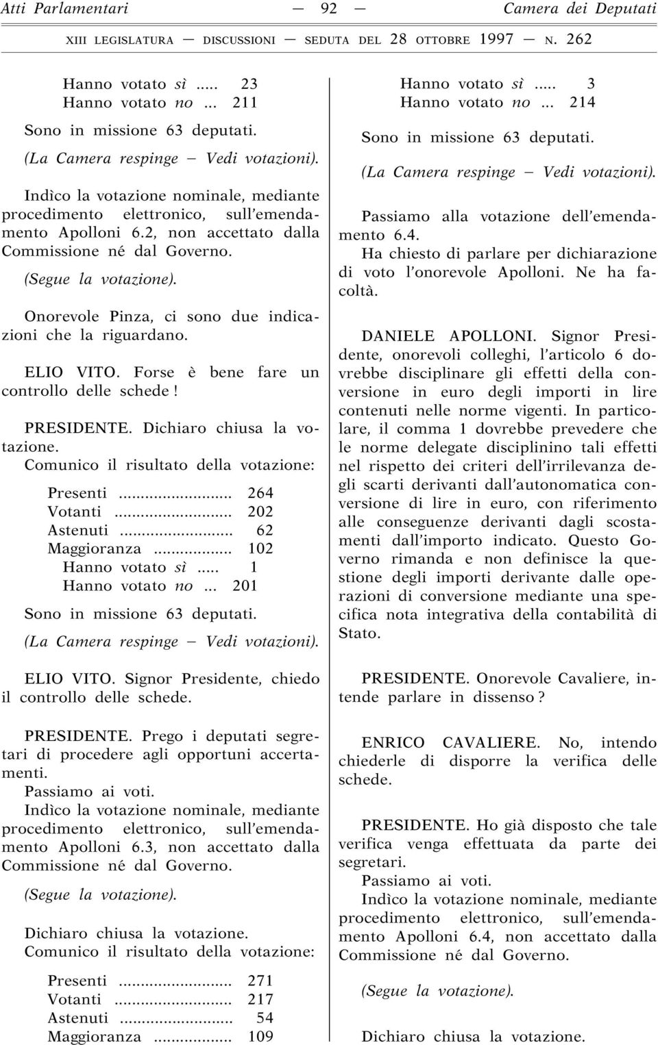 Signor Presidente, chiedo il controllo delle schede. PRESIDENTE. Prego i deputati segretari di procedere agli opportuni accertamenti. Passiamo ai voti. Apolloni 6.3, non accettato dalla Presenti.