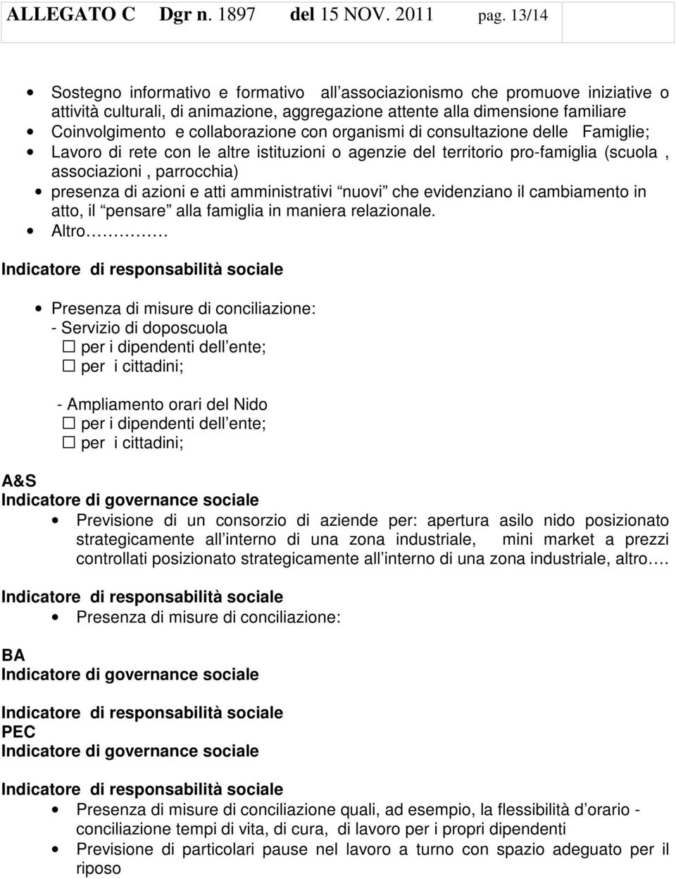 con organismi di consultazione delle Famiglie; Lavoro di rete con le altre istituzioni o agenzie del territorio pro-famiglia (scuola, associazioni, parrocchia) presenza di azioni e atti