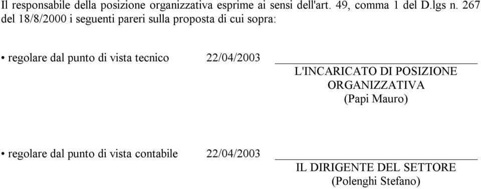 267 del 18/8/2000 i seguenti pareri sulla proposta di cui sopra: regolare dal punto di