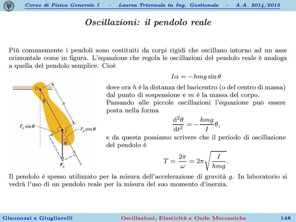 Cioè Iα = hmgsinθ dove ora h è la distanza del baricentro (o del centro di massa) dal punto di sospensione e m è la massa del corpo.