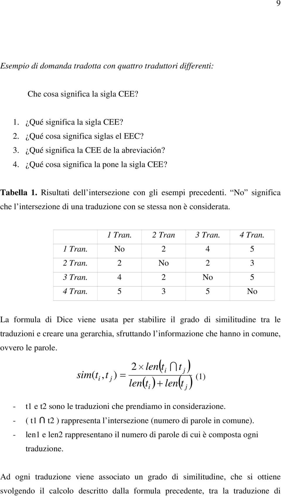 No significa che l intersezione di una traduzione con se stessa non è considerata. 1 Tran. 2 Tran 3 Tran. 4 Tran. 1 Tran. No 2 4 5 2 Tran. 2 No 2 3 3 Tran. 4 2 No 5 4 Tran.