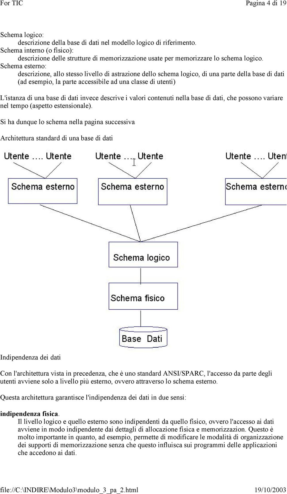 Schema esterno: descrizione, allo stesso livello di astrazione dello schema logico, di una parte della base di dati (ad esempio, la parte accessibile ad una classe di utenti) L'istanza di una base di