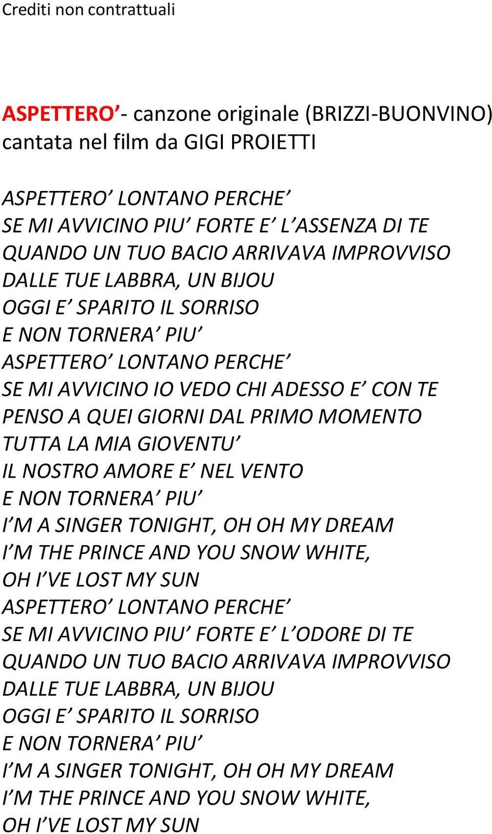 NOSTRO AMORE E NEL VENTO E NON TORNERA PIU I M A SINGER TONIGHT, OH OH MY DREAM I M THE PRINCE AND YOU SNOW WHITE, OH I VE LOST MY SUN ASPETTERO LONTANO PERCHE SE MI AVVICINO PIU FORTE E L ODORE DI