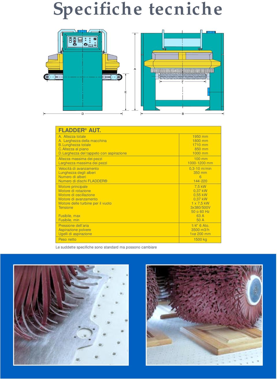 alberi 6 Numero di dischi FLADDER 144-220 Motore principale Motore di rotazione Motore di oscillazione Motore di avanzamento Motore delle turbine per il vuoto Tensione Fusibile, max Fusibile, min