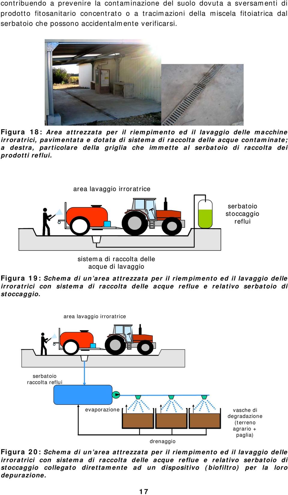 Figura 18: Area attrezzata per il riempimento ed il lavaggio delle macchine irroratrici, pavimentata e dotata di sistema di raccolta delle acque contaminate; a destra, particolare della griglia che