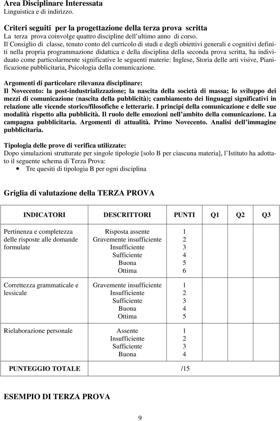 individuato come particolarmente significative le seguenti materie: Inglese, Storia delle arti visive, Pianificazione pubblicitaria, Psicologia della comunicazione.