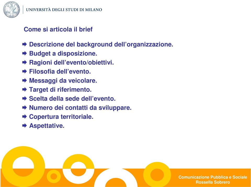 Filosofia dell evento. Messaggi da veicolare. Target di riferimento.