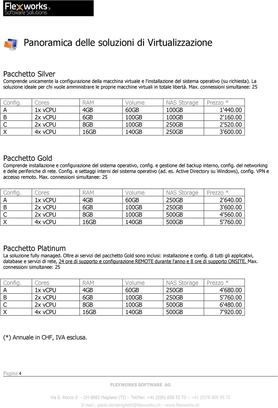 Cores RAM Volume NAS Storage Prezzo * A 1x vcpu 4GB 60GB 100GB 1'440.00 B 2x vcpu 6GB 100GB 100GB 2'160.00 C 2x vcpu 8GB 100GB 250GB 2'520.00 X 4x vcpu 16GB 140GB 250GB 3'600.