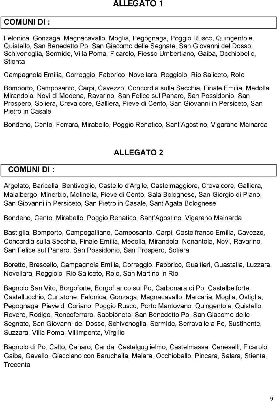 Concordia sulla Secchia, Finale Emilia, Medolla, Mirandola, Novi di Modena, Ravarino, San Felice sul Panaro, San Possidonio, San Prospero, Soliera, Crevalcore, Galliera, Pieve di Cento, San Giovanni