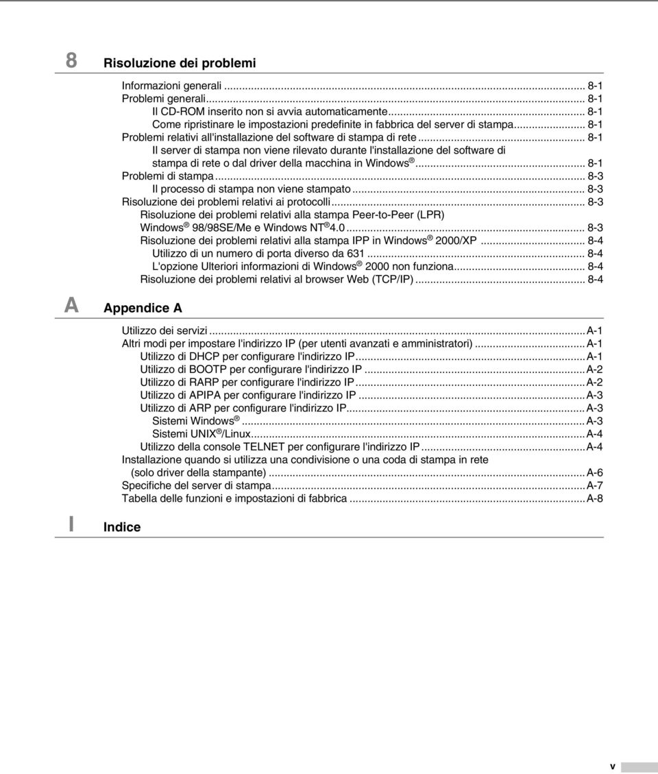 .. 8-1 Il server di stampa non viene rilevato durante l'installazione del software di stampa di rete o dal driver della macchina in Windows... 8-1 Problemi di stampa.