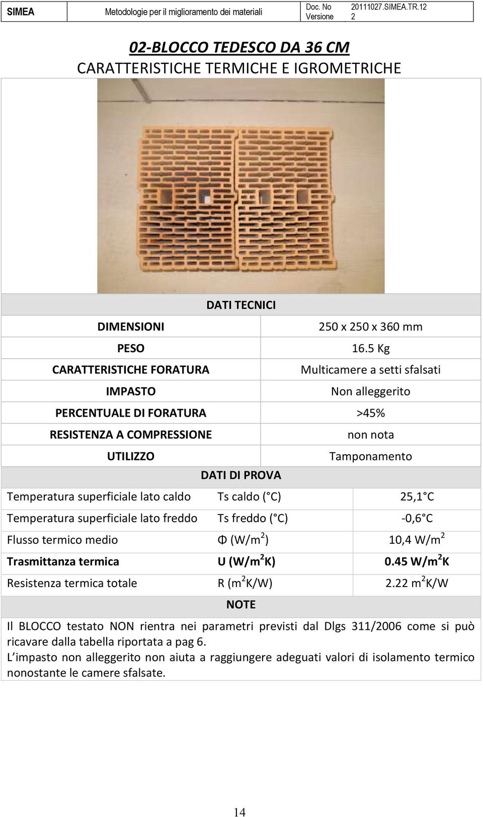 5,1 C Temperatura superficiale lato freddo Ts freddo ( C) -0,6 C Flusso termico medio Φ (W/m ) 10,4 W/m Trasmittanza termica U (W/m K) 0.45 W/m K Resistenza termica totale R (m K/W).