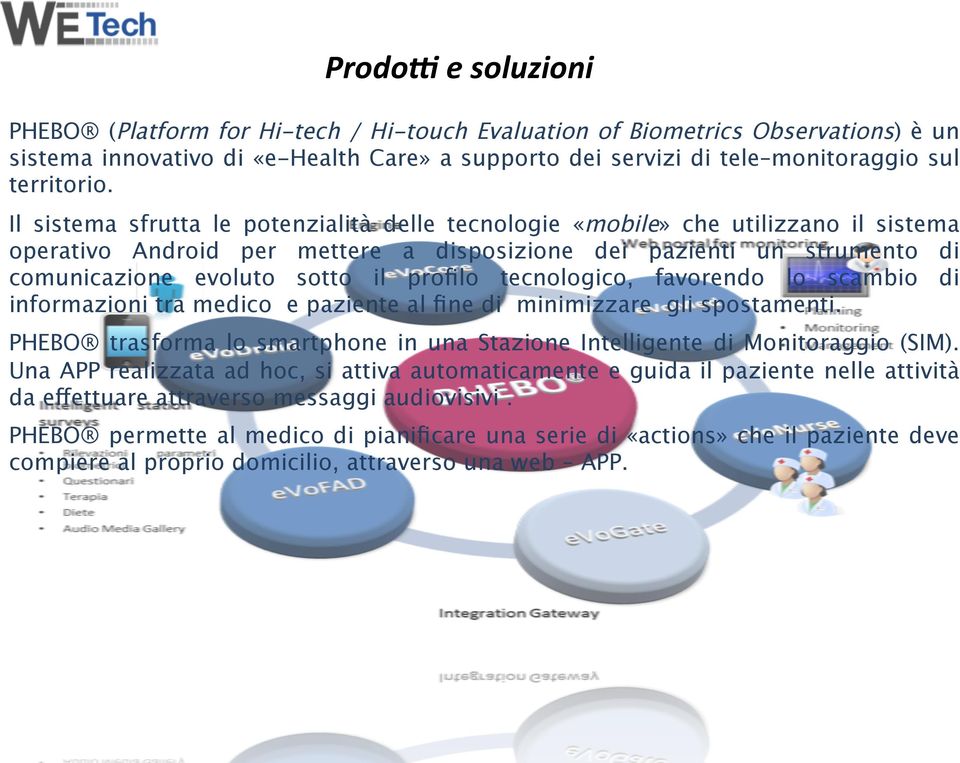 tecnologico, favorendo lo scambio di informazioni tra medico e paziente al fine di minimizzare gli spostamenti. PHEBO trasforma lo smartphone in una Stazione Intelligente di Monitoraggio (SIM).