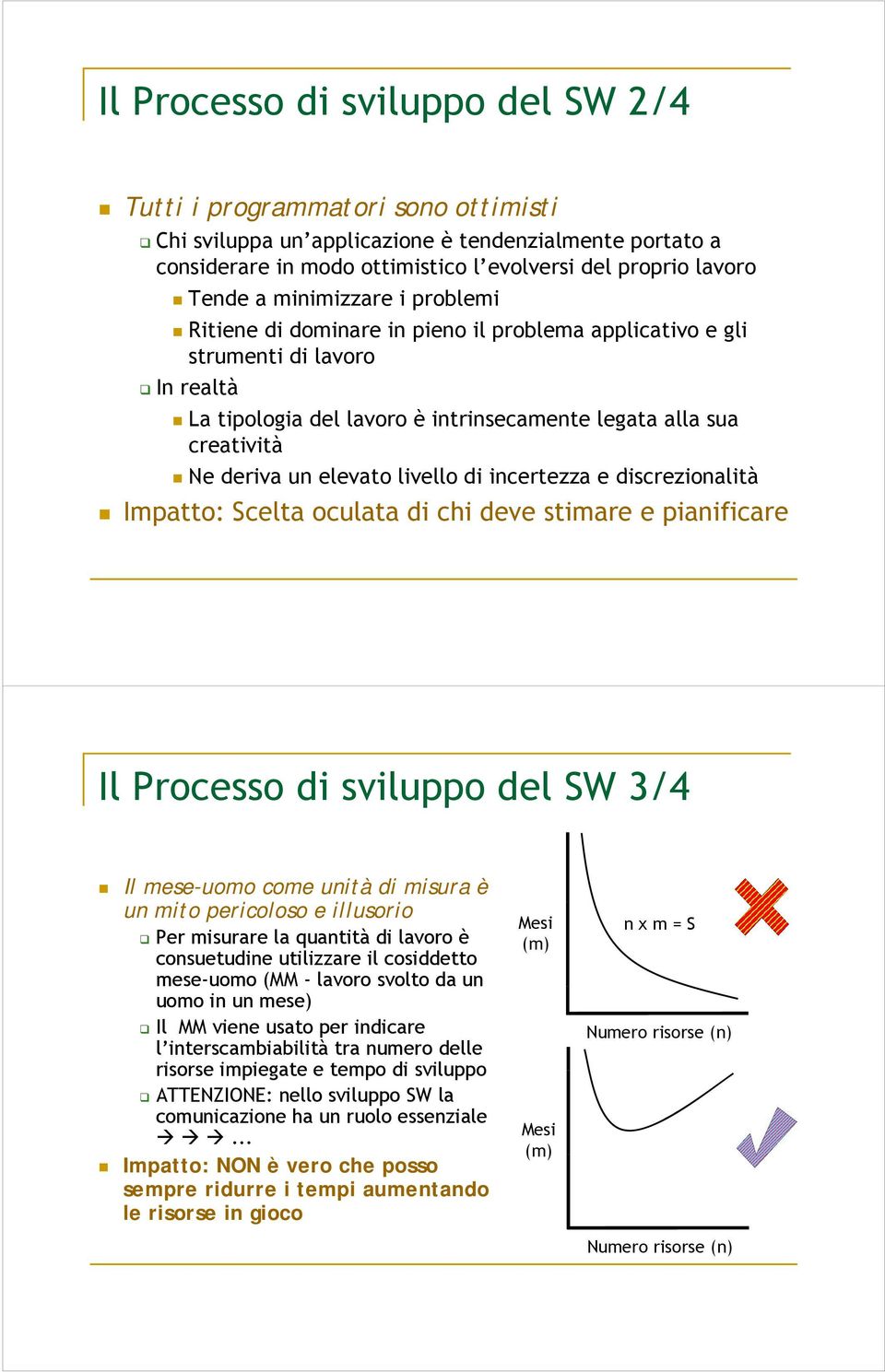 elevato livello ll di incertezza e discrezionalitài Impatto: Scelta oculata di chi deve stimare e pianificare Il Processo di sviluppo del SW 3/4 Il mese-uomo come unità di misura è un mito pericoloso