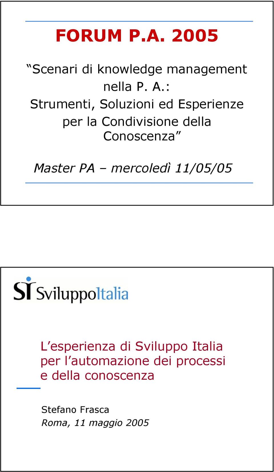 Conoscenza Master PA mercoledì 11/05/05 L esperienza di Sviluppo