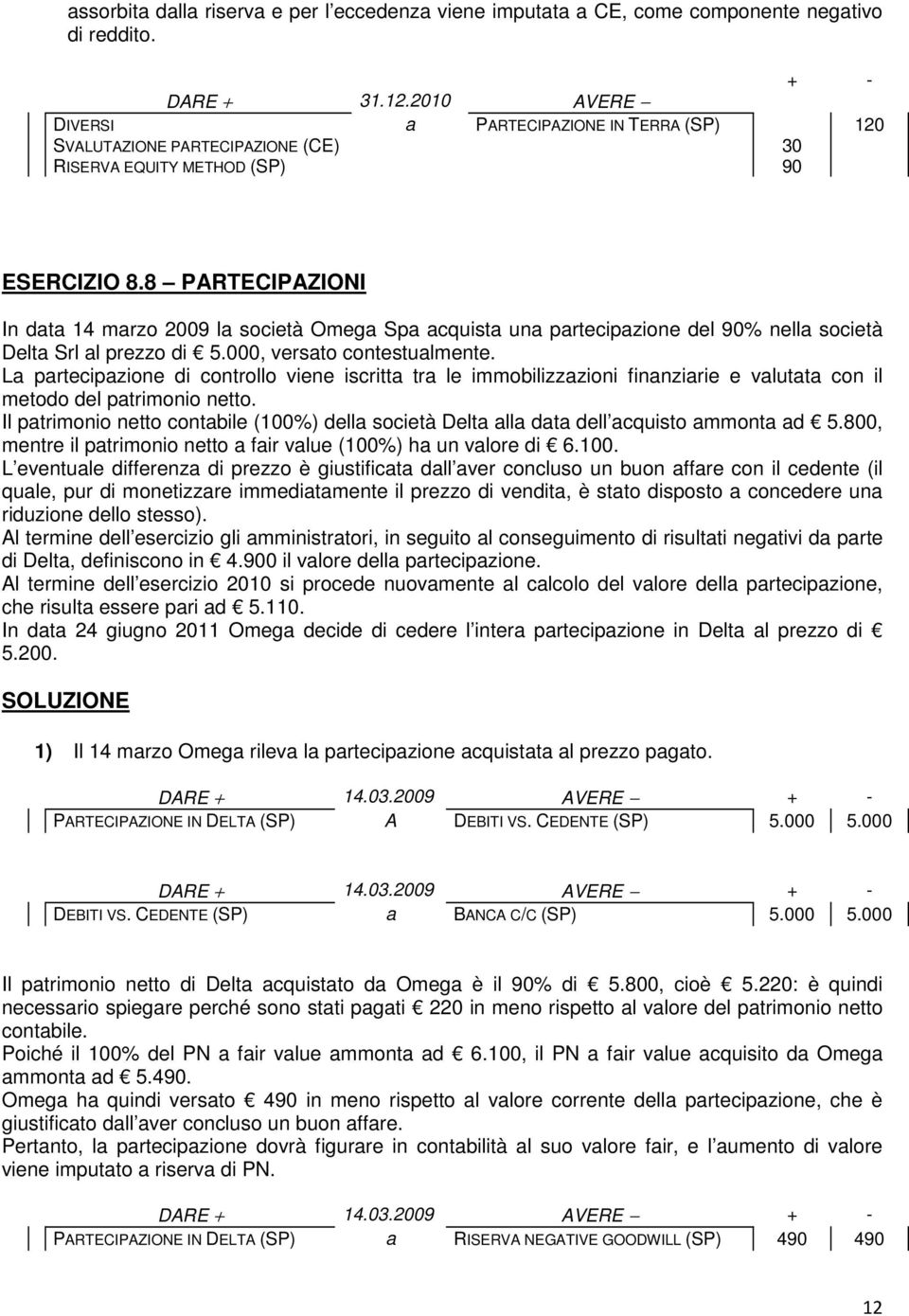 8 PARTECIPAZIONI In dt 14 mrzo 2009 l società Omeg Sp cquist un prtecipzione del 90% nell società Delt Srl l prezzo di 5.000, versto contestulmente.