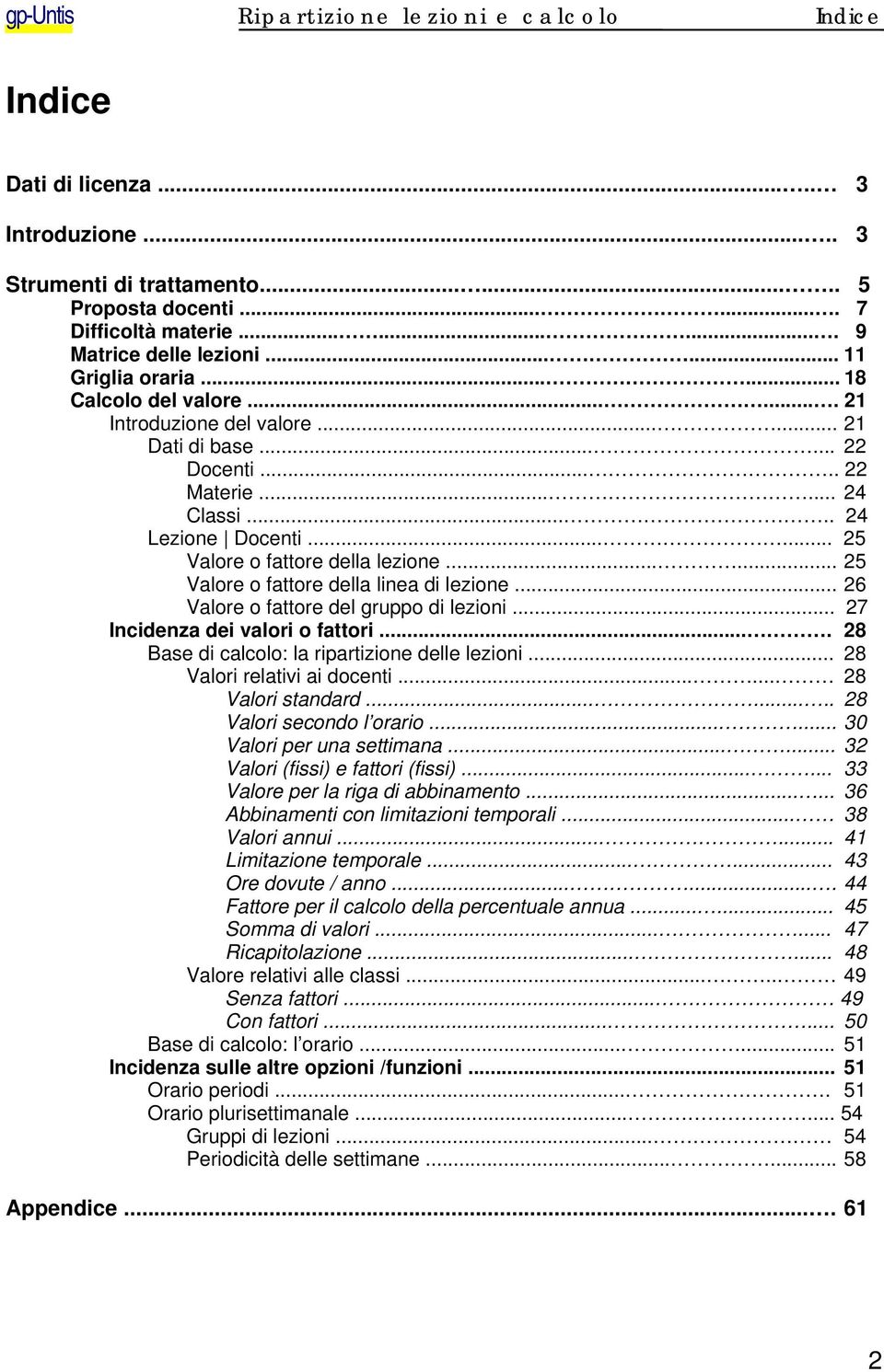 .... 24 Lezione Docenti...... 25 Valore o fattore della lezione...... 25 Valore o fattore della linea di lezione... 26 Valore o fattore del gruppo di lezioni... 27 Incidenza dei valori o fattori.