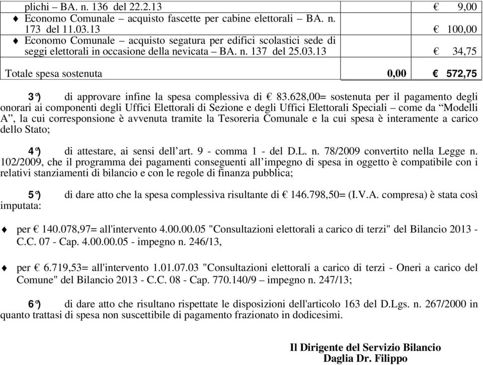 13 34,75 Totale spesa sostenuta 572,75 3 ) di approvare infine la spesa complessiva di 83.