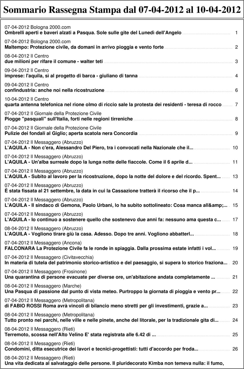 .. 3 09-04-2012 Il Centro imprese: l'aquila, sì al progetto di barca - giuliano di tanna... 4 09-04-2012 Il Centro confindustria: anche noi nella ricostruzione.