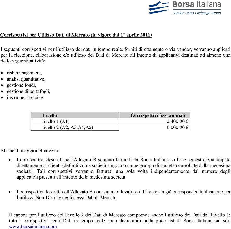 portafogli, instrument pricing Livello Corrispettivi fissi annuali livello 1 (A1) 2,400.00 livello 2 (A2, A3,A4,A5) 6,000.