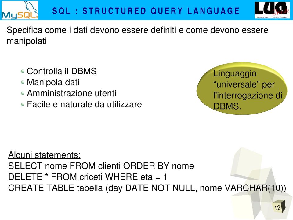 Linguaggio universale per l'interrogazione di DBMS.