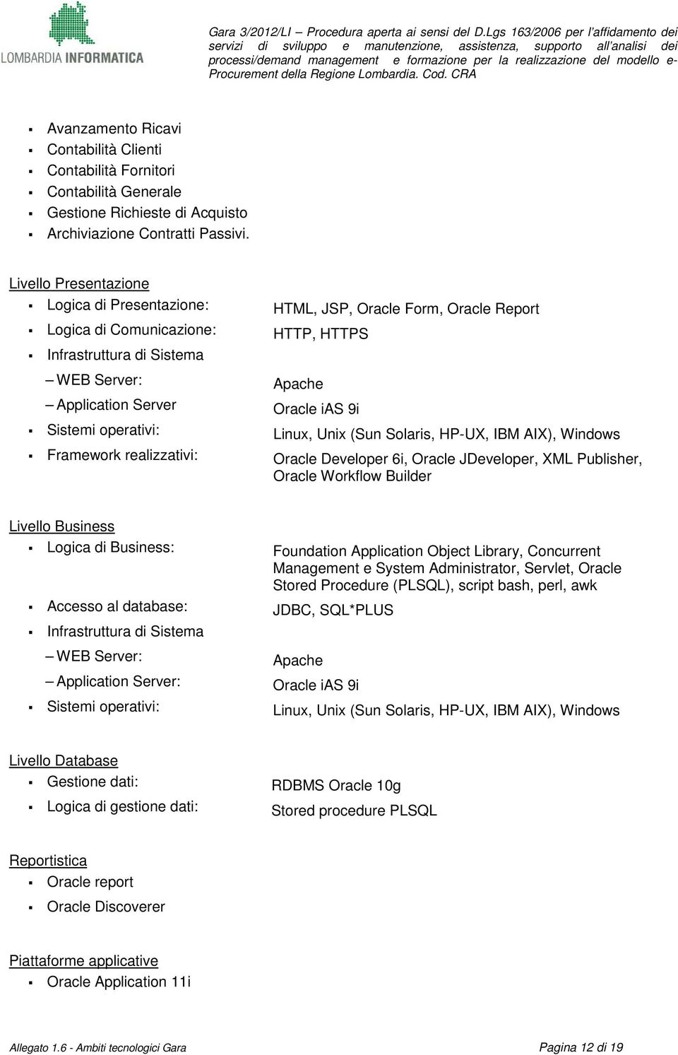 Unix (Sun Solaris, HP-UX, IBM AIX), Windows Framework realizzativi: Oracle Developer 6i, Oracle JDeveloper, XML Publisher, Oracle Workflow Builder Livello Business Logica di Business: Foundation