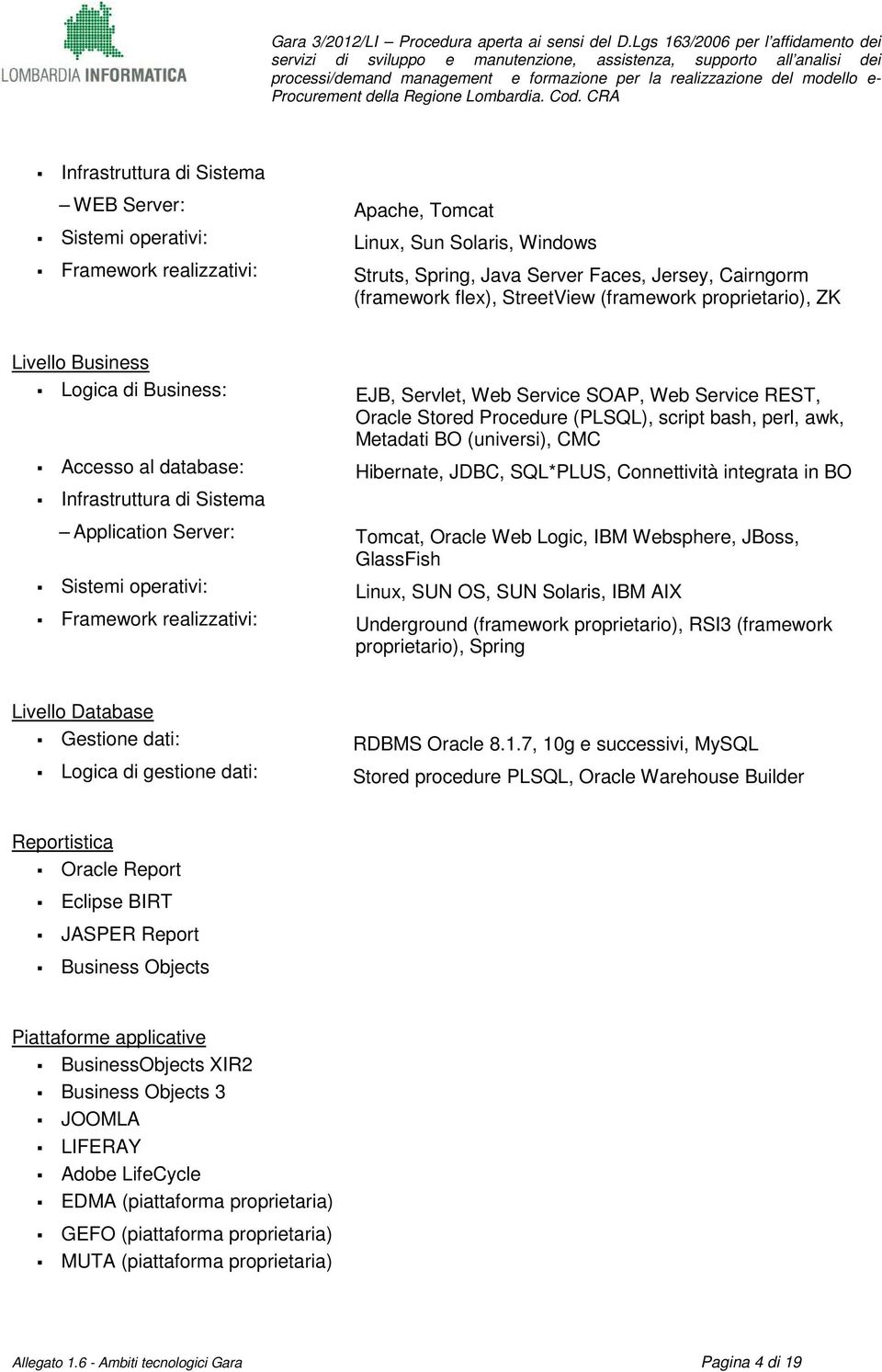 al database: Hibernate, JDBC, SQL*PLUS, Connettività integrata in BO Application Server: Tomcat, Oracle Web Logic, IBM Websphere, JBoss, GlassFish Sistemi operativi: Linux, SUN OS, SUN Solaris, IBM