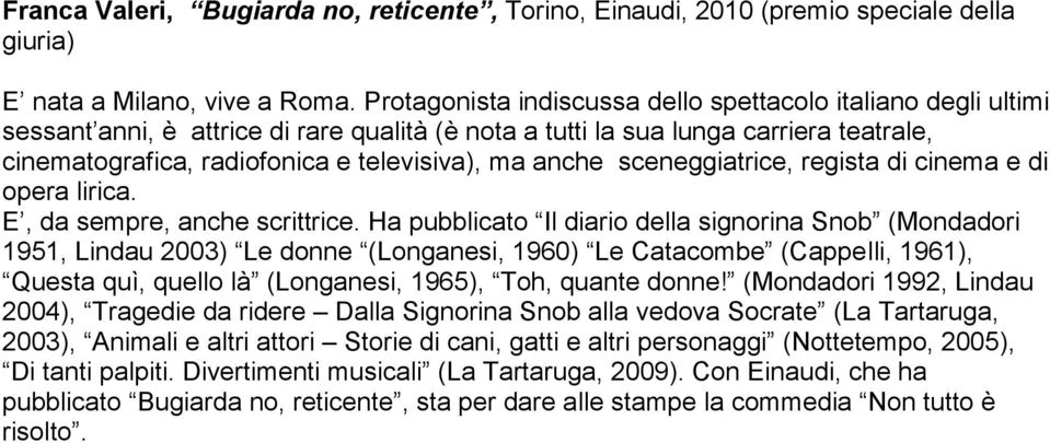 anche sceneggiatrice, regista di cinema e di opera lirica. E, da sempre, anche scrittrice.