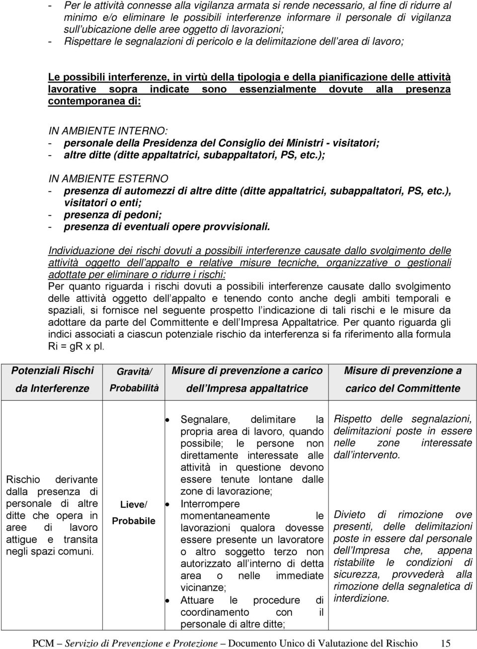 lavorative sopra indicate sono essenzialmente dovute alla presenza contemporanea di: IN AMBIENTE INTERNO: - personale della Presidenza del Consiglio dei Ministri - visitatori; - altre ditte (ditte