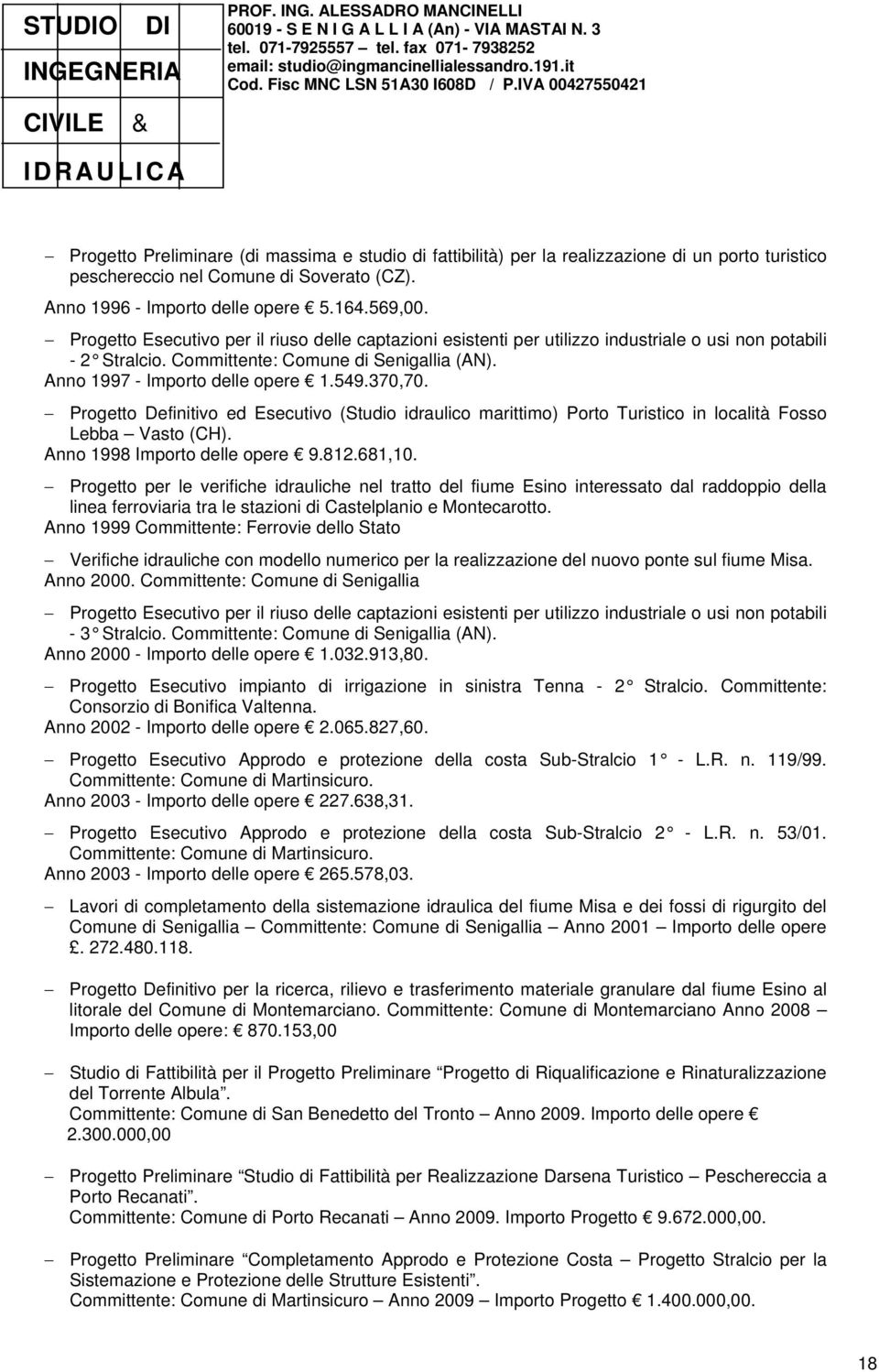 370,70. Progetto Definitivo ed Esecutivo (Studio idraulico marittimo) Porto Turistico in località Fosso Lebba Vasto (CH). Anno 1998 Importo delle opere 9.812.681,10.