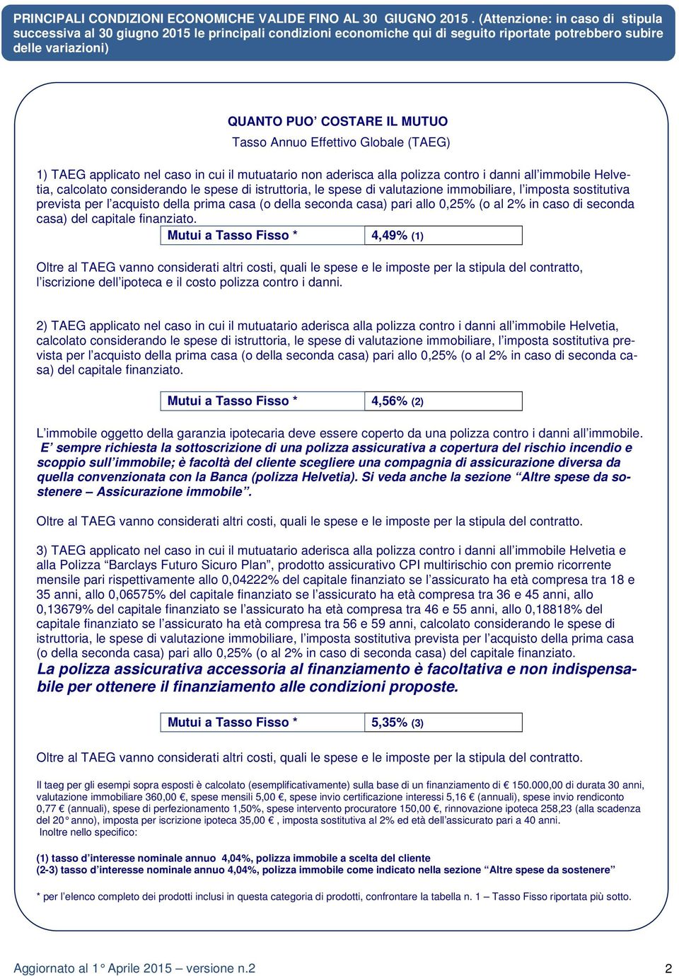 Effettivo Globale (TAEG) 1) TAEG applicato nel caso in cui il mutuatario non aderisca alla polizza contro i danni all immobile Helvetia, calcolato considerando le spese di istruttoria, le spese di