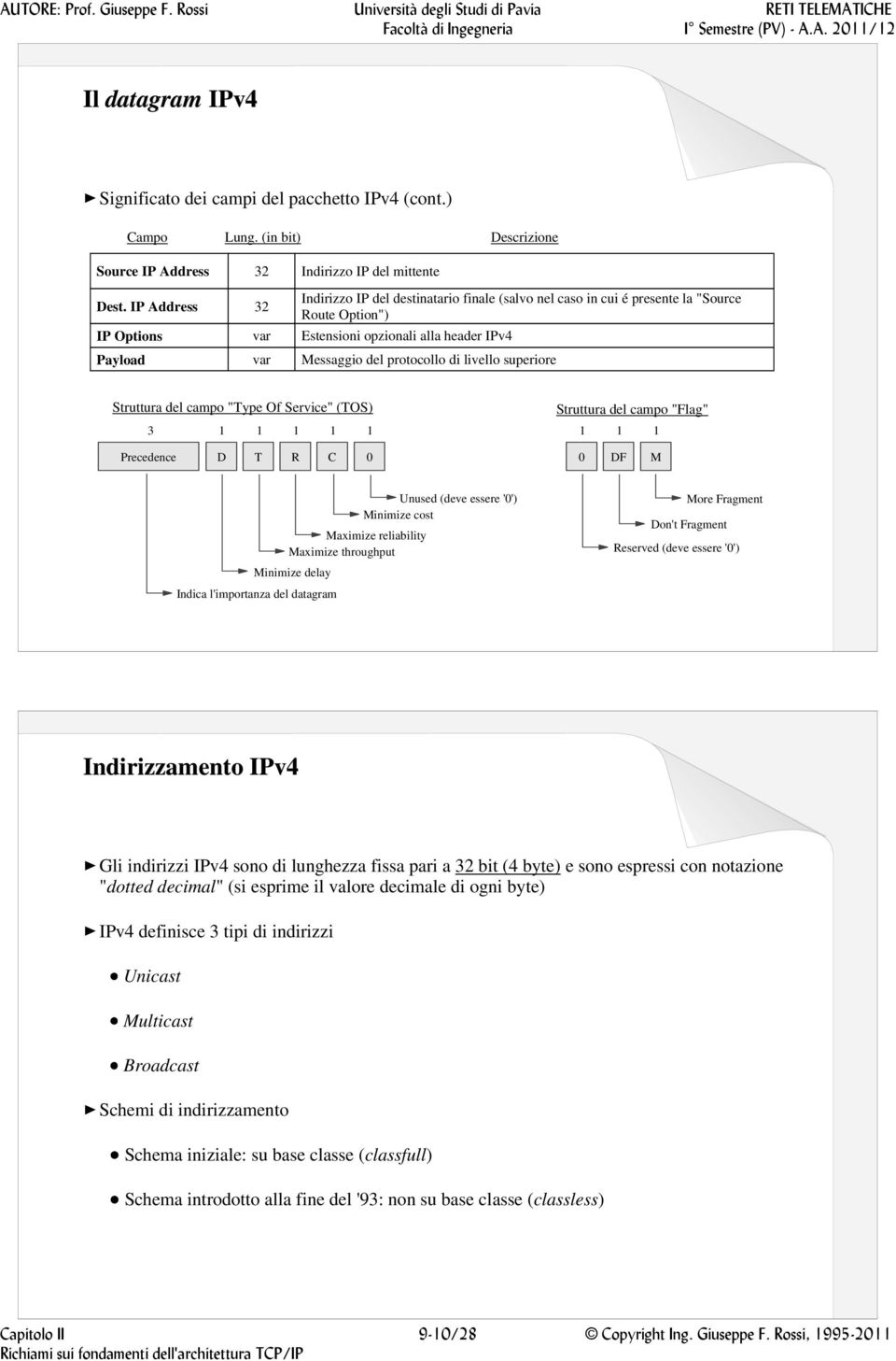 livello superiore Struttura del campo "Type Of Service" (TOS) 3 1 1 1 1 1 Struttura del campo "Flag" 1 1 1 Precedence D T R C 0 0 DF M Unused (deve essere '0') Minimize cost Maximize reliability