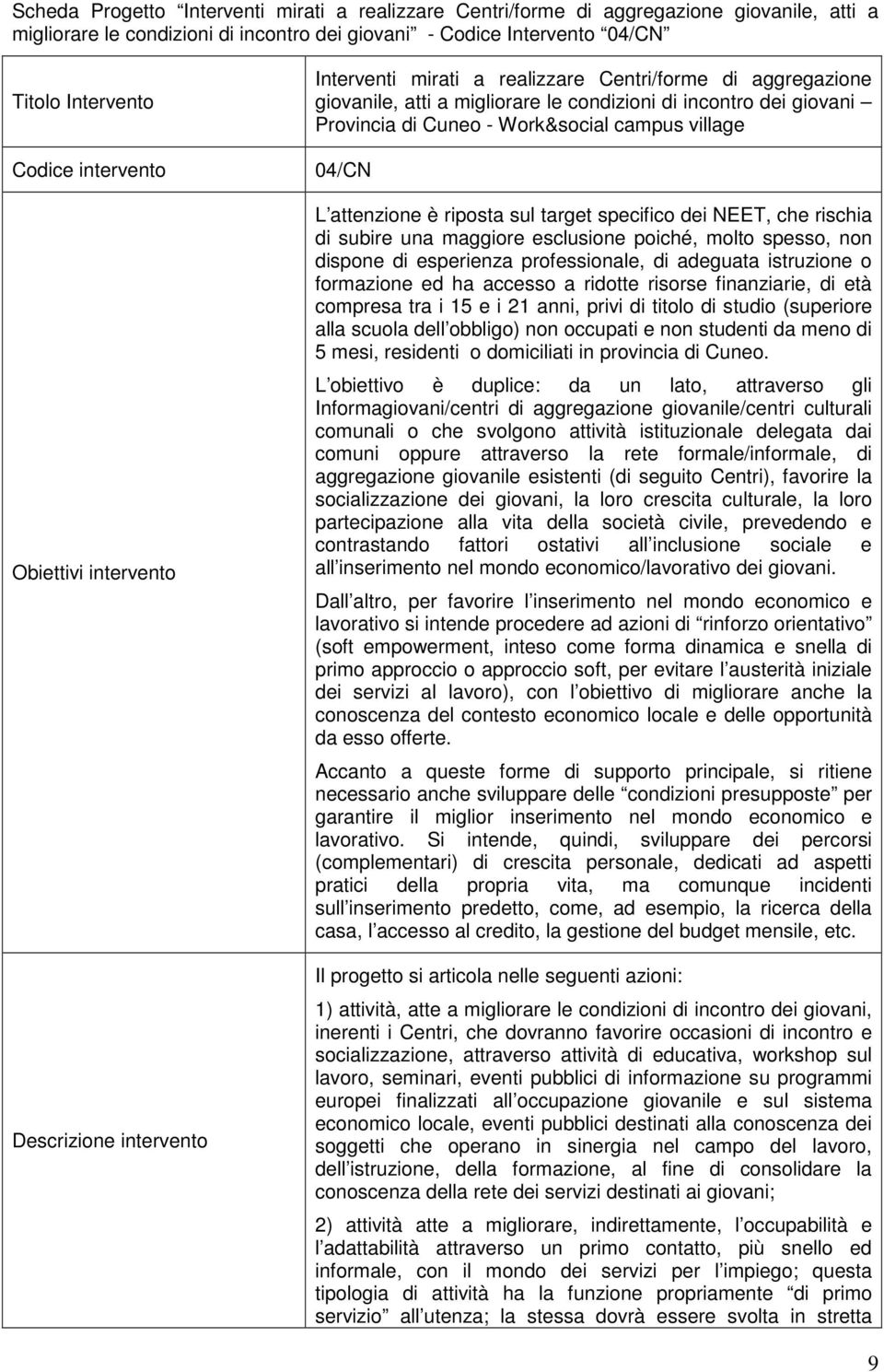 Cuneo - Work&social campus village 04/CN L attenzione è riposta sul target specifico dei NEET, che rischia di subire una maggiore esclusione poiché, molto spesso, non dispone di esperienza