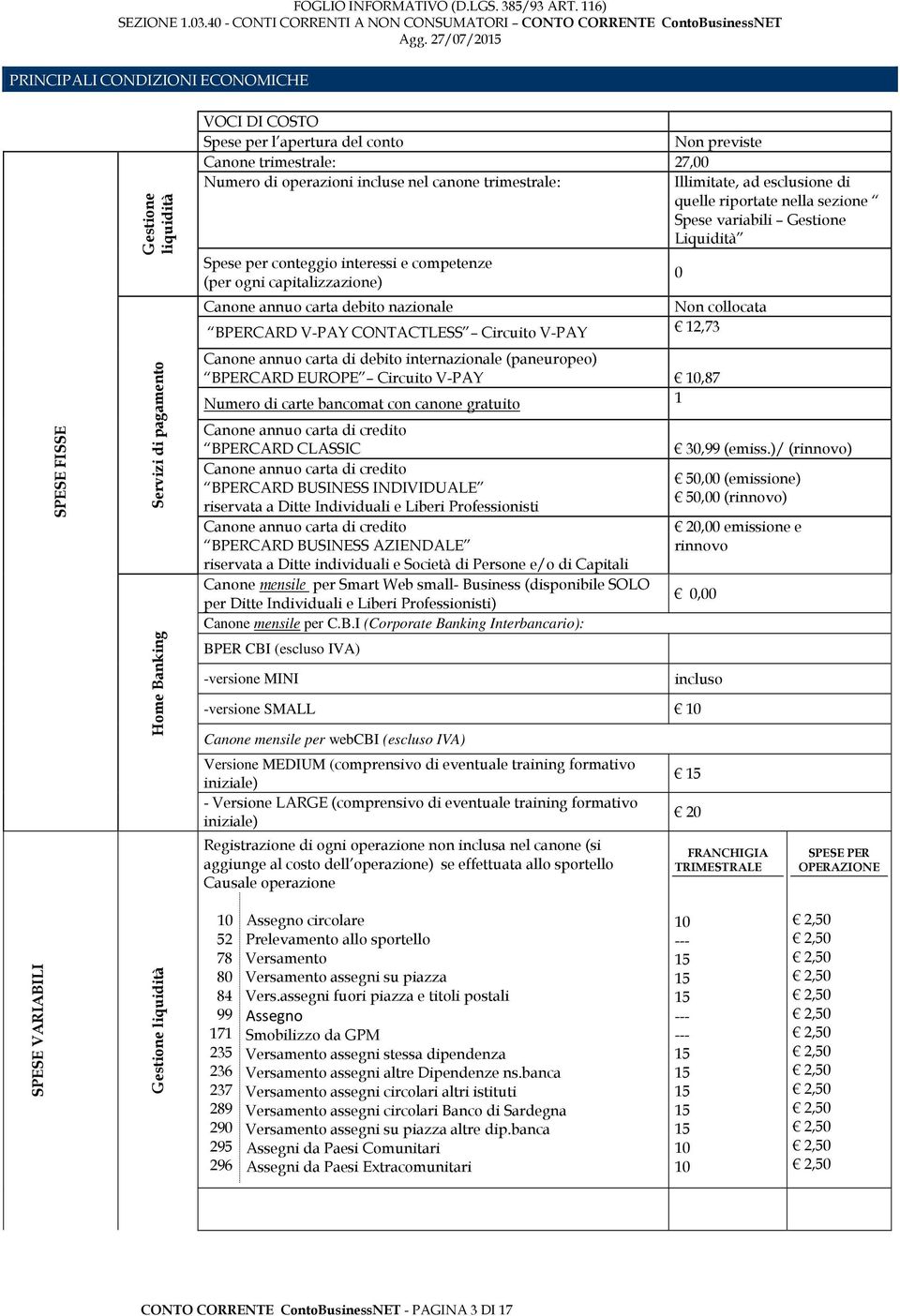 capitalizzazione) Canone annuo carta debito nazionale BPERCARD V-PAY CONTACTLESS Circuito V-PAY 0 Non collocata 12,73 Canone annuo carta di debito internazionale (paneuropeo) BPERCARD EUROPE Circuito