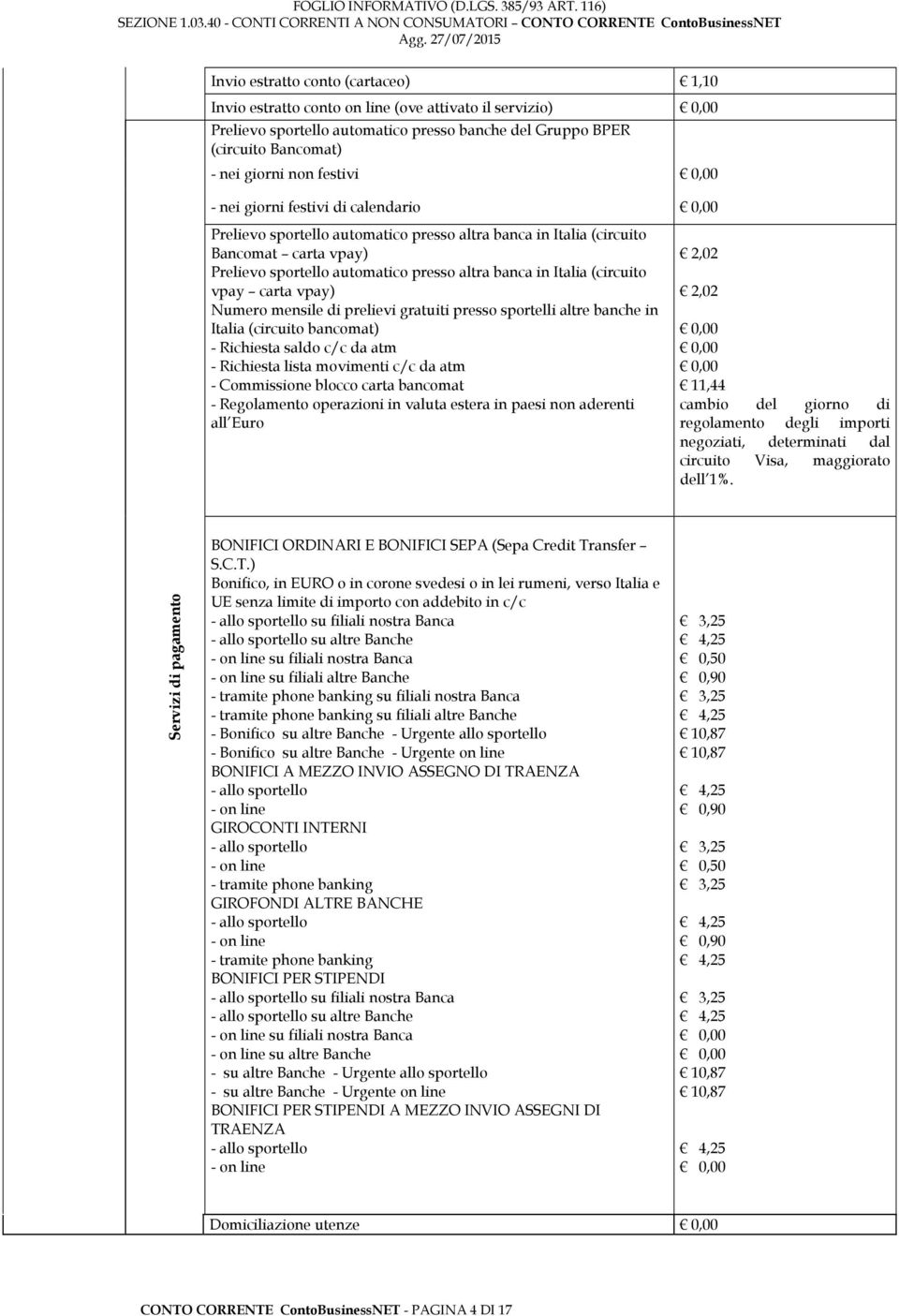 carta vpay) Numero mensile di prelievi gratuiti presso sportelli altre banche in Italia (circuito bancomat) - Richiesta saldo c/c da atm - Richiesta lista movimenti c/c da atm - Commissione blocco