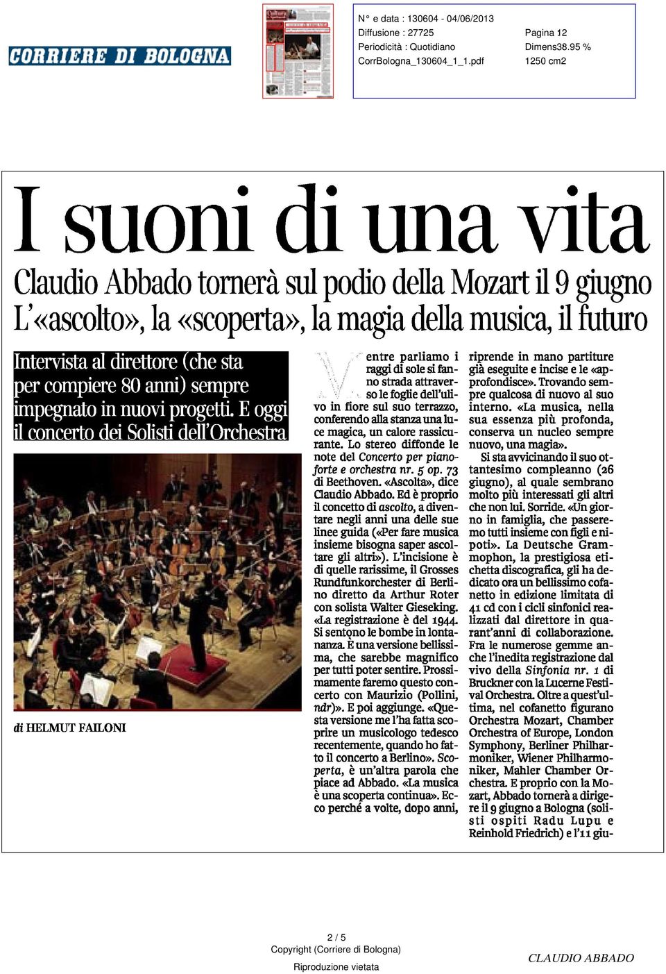 E oggi il concerto dei Solisti dell ' Orchestra dihelmut FAILONI A4 entre parliamo i raggi di sole si fanno strada attraverso le foglie dell ' ulivo in fiore sul suo terrazzo conferendo alla stanza