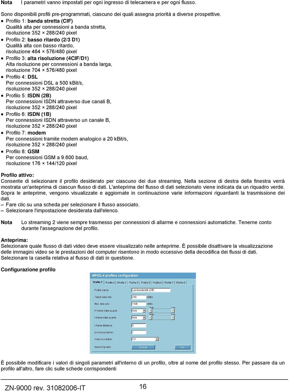 pixel Profilo 3: alta risoluzione (4CIF/D1) Alta risoluzione per connessioni a banda larga, risoluzione 704 576/480 pixel Profilo 4: DSL Per connessioni DSL a 500 kbit/s, risoluzione 352 288/240